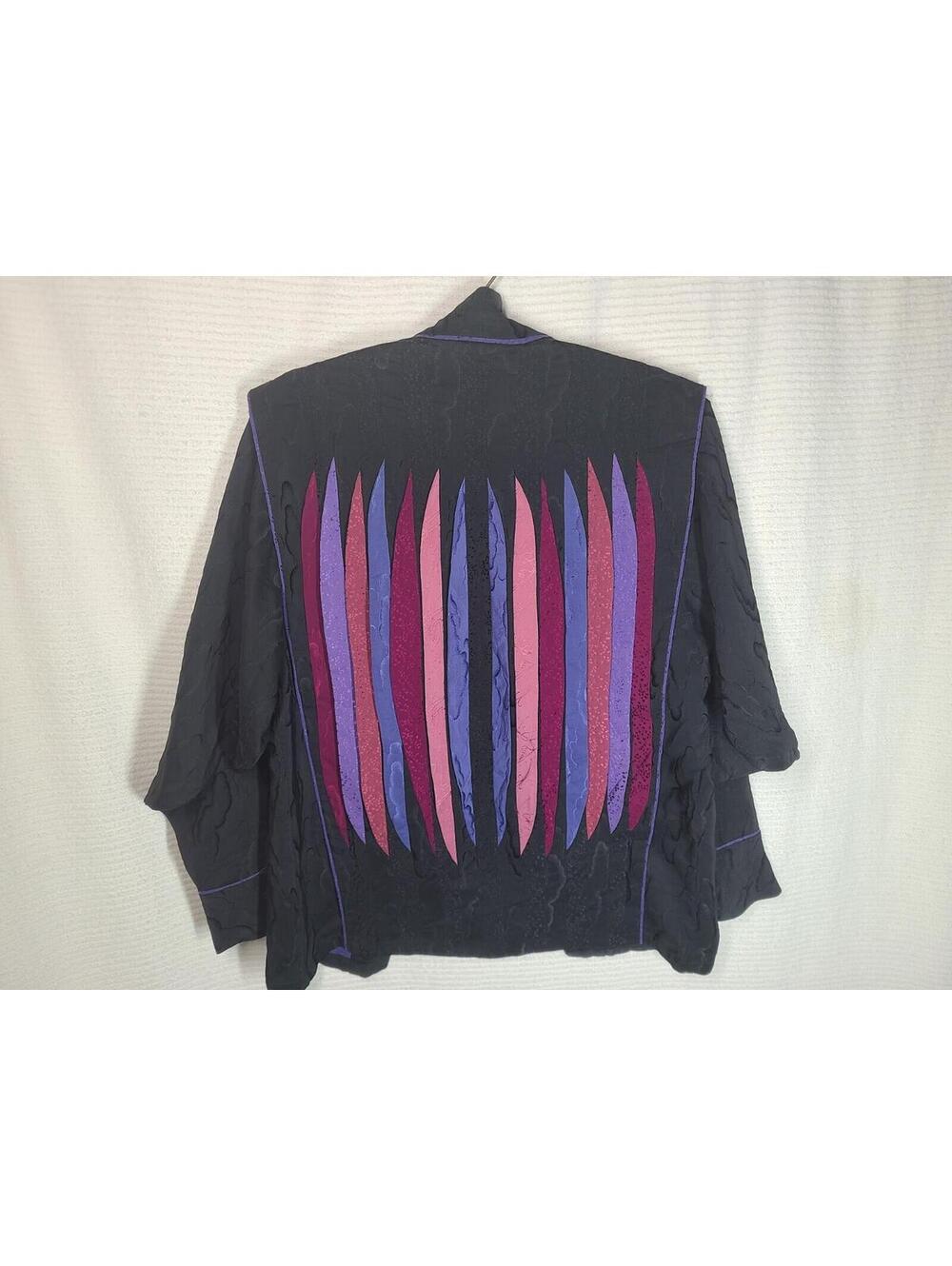 Vtg 80s Black Nylon Kimono Jacket Color Decoration Ooak Unique 90s Retro M L - Picture 9 of 9